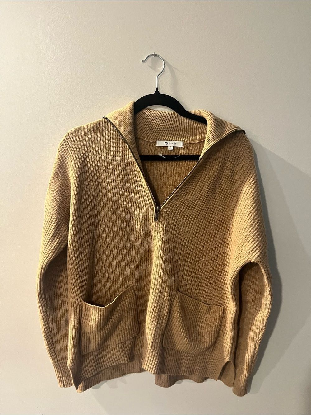 Madewell Ribbed Half-Zip Funnel Sweater in Camel